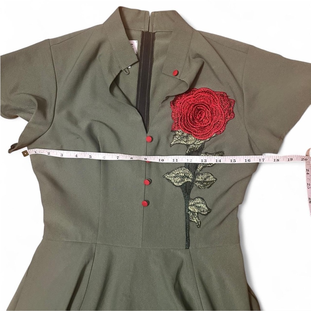 Unique Vintage Olive Green Dress with Embroidered Red Rose Applique - Picture 6 of 8